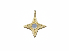 14k yellow gold four pointed compass star with a round blue chalcedony cabochon in the center. 