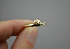 14k Gold Band with a ladybug sitting on it being held in fingers. Gray background